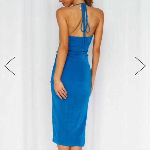 Hello Molly blue no bad vibes tie halter ruched side slit woven midi dress - Picture 11 of 12